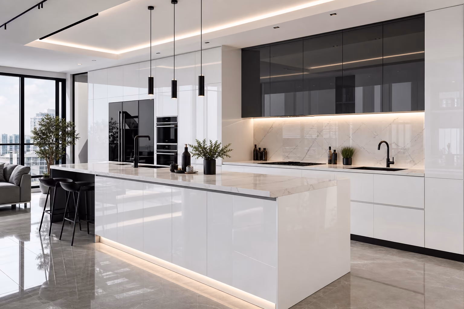 High gloss kapaklı parlak ada mutfak modeli