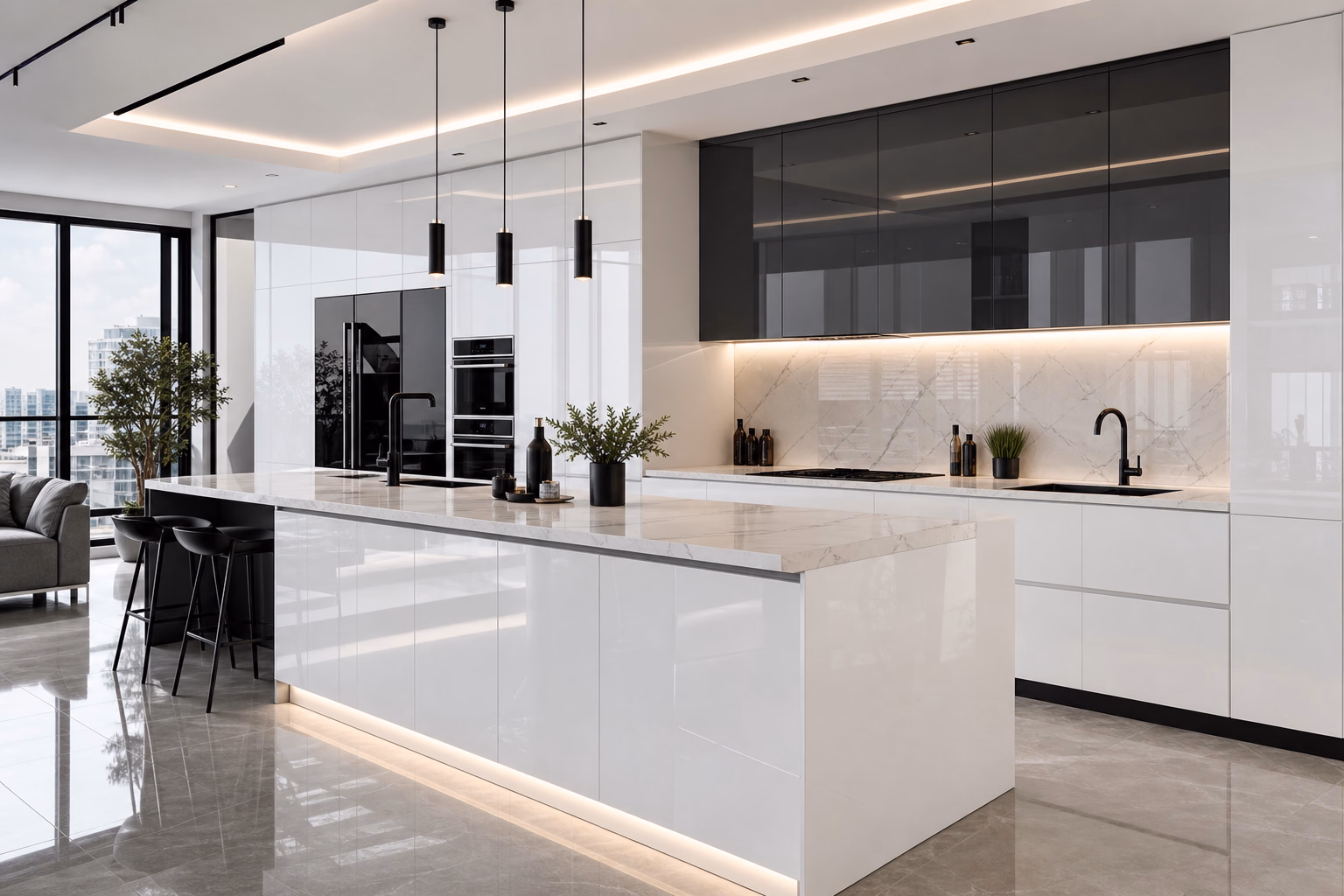 High Gloss Ada Mutfak | Hadi Mutfak High gloss kapaklı parlak ada mutfak modeli